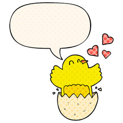 cute hatching chick cartoon and speech bubble in comic book style