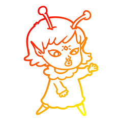 warm gradient line drawing pretty cartoon alien girl