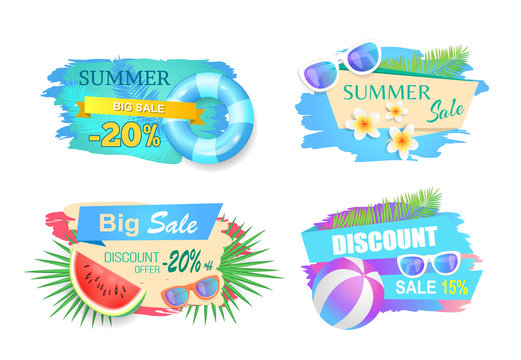 Summer big sale discounts, banners set vector. Summertime seasonal proposition and clearance, good deal for customers. Watermelon fruit and glasses