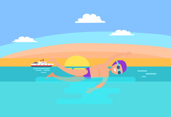 Freestyle stroke of swimmer vector. Professional sport , workout activities of man wearing goggles and protective cap. Ship vessel on water surface