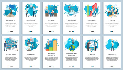 International business vector, startup businessman do presentation of board best idea and solution of project problems, teamwork and increase in profits. For business website or app slider flat style