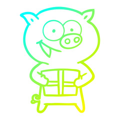cold gradient line drawing cheerful pig with christmas gift