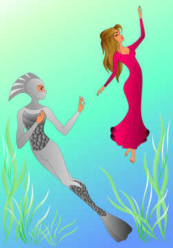 amphibian man and sinking girl in pink dress