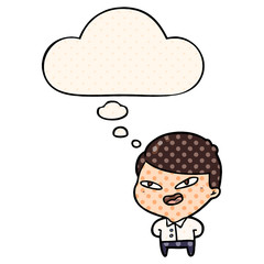 cartoon happy business man and thought bubble in comic book style