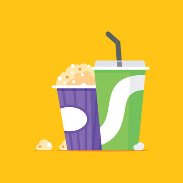 Cinema concept illustration with popcorn bowl,drink and tickets isolated on Color background
