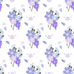 Vintage seamless pattern with field small blue flowers on white background.