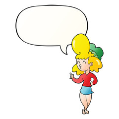 cartoon woman and big hair and speech bubble in smooth gradient style