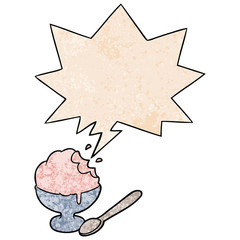 cartoon ice cream dessert in bowl and speech bubble in retro texture style