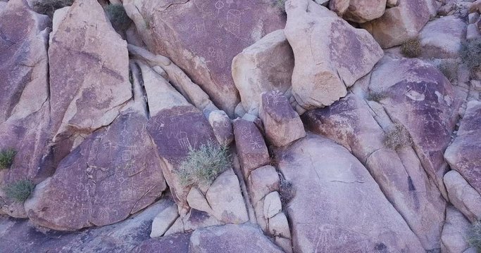 beautiful circular shot of Native American Petroglyphs, Coyote Hole Canyon, Joshua tree, Yucca Valley, California, Mojave desert