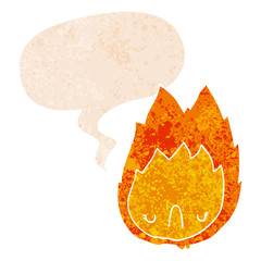 cartoon unhappy flame and speech bubble in retro textured style