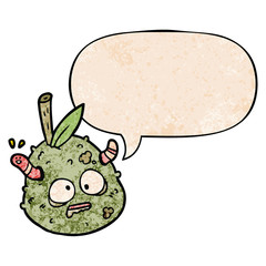 cartoon rotting old pear and worm and speech bubble in retro texture style