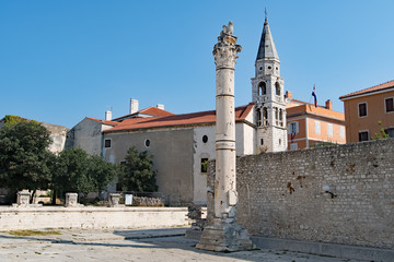 Pillar of Shame and St Elias's Church, Zadar Old Town, Croatia
