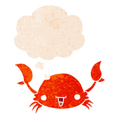 cartoon crab and thought bubble in retro textured style