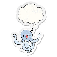 Fototapeta premium cartoon jellyfish and thought bubble as a distressed worn sticker