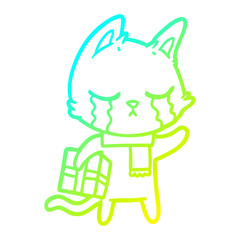 cold gradient line drawing crying cartoon cat holding christmas present