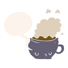 cute cartoon coffee cup and speech bubble in retro style