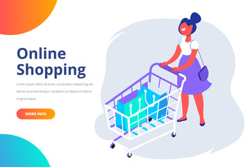 Isometric Happy Young woman with shopping cart. Mall shopping, on-line shopping. Big sale. Flat vector illustration. 