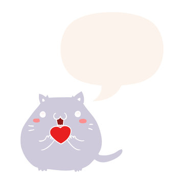 cute cartoon cat in love and speech bubble in retro style