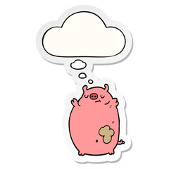 cartoon fat pig and thought bubble as a printed sticker