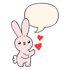 cute cartoon rabbit and love hearts and speech bubble in comic book style
