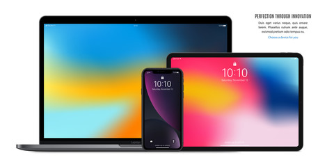 devices mockup: smartphone, tablet and laptop with colorful screen on white background. stock vector illustration eps10