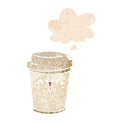 cartoon take out coffee and thought bubble in retro textured style