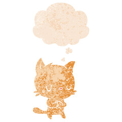 cartoon cat and thought bubble in retro textured style