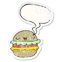cartoon burger and speech bubble distressed sticker