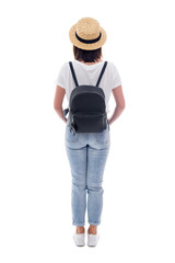 back view of young beautiful woman tourist in straw hat with backpack isolated on white