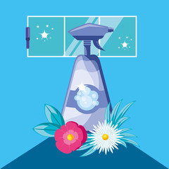 housekeeping tools with bottle plastic product and flowers