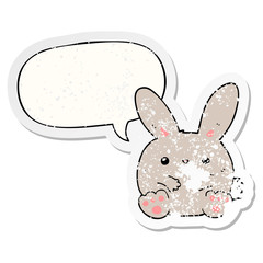 cartoon rabbit and speech bubble distressed sticker