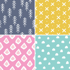 Vector set of 4 cute seamless pastel backgrounds in scandinavian style. Minimal hand drawn designs for baby shower, Birthday, scrapbook, cards, textiles, gift wrapping paper, surface textures.