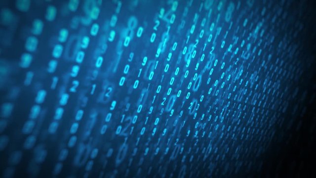 Computer Screen With Binary Code Loop/ 4k animation of a binary code with digits and numbers on on focused blue screen with camera effect