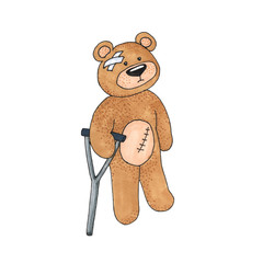 Teddy Bear with the crutch and the incision isolated on white, Teddy Bear toy is sick, Handicapped people concept