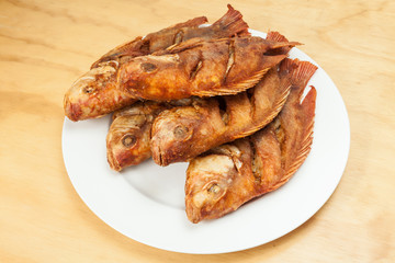 Tasty fried fish, tilapia on a white plate; photo on wooden background