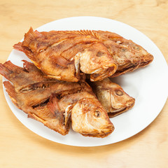 Tasty fried fish, tilapia on a white plate; photo on wooden background