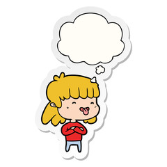 cartoon girl sticking out tongue and thought bubble as a printed sticker