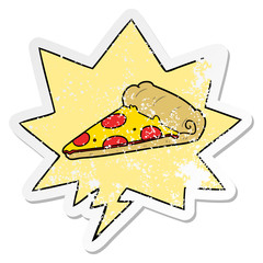 cartoon slice of pizza and speech bubble distressed sticker