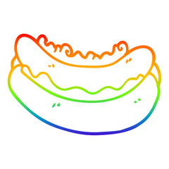 rainbow gradient line drawing cartoon hotdog in a bun