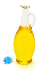 Sunflower oil glass bottle isolated on white background. Food, cooking, farm work. Agriculture, organic. Flat lay, top view