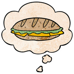 cartoon cheese sandwich and thought bubble in grunge texture pattern style