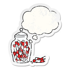cartoon jar of candy and thought bubble as a distressed worn sticker