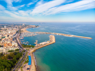 View of the coastline Cambrils, Costa Dourada, Catalonia, Spain. Drone aerial photo