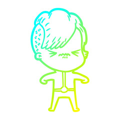 cold gradient line drawing annoyed girl in futuristic clothes