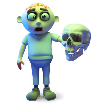Scarey undead zombie monster holding a human skull, 3d illustration