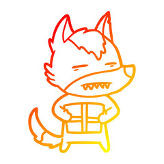 warm gradient line drawing cartoon wolf with a gift