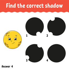 Find the correct shadow. Education developing worksheet. Matching game for kids. Activity page. Puzzle for children. Riddle for preschool. Cute character. Isolated vector illustration. Cartoon style.