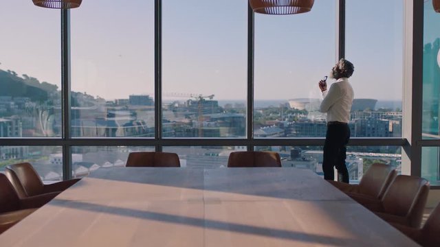 Mature African American Businessman Looking Out Window Planning Ahead Thinking Of Ideas For Future Business Development With View Of City At Sunset 4k