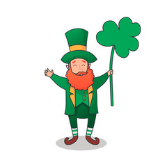 Happy Saint Patrick's Day. Character with green hat. Cartoon funny leprechaun with clover. Vector illustration