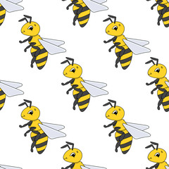 Happy bee. Colored seamless pattern with cute cartoon character. Simple flat vector illustration isolated on white background. Design wallpaper, fabric, wrapping paper, covers, websites.
